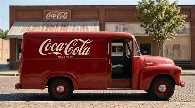 A vintage red Coca-Cola delivery truck parked in front of a brick building with a Coca-Cola sign.