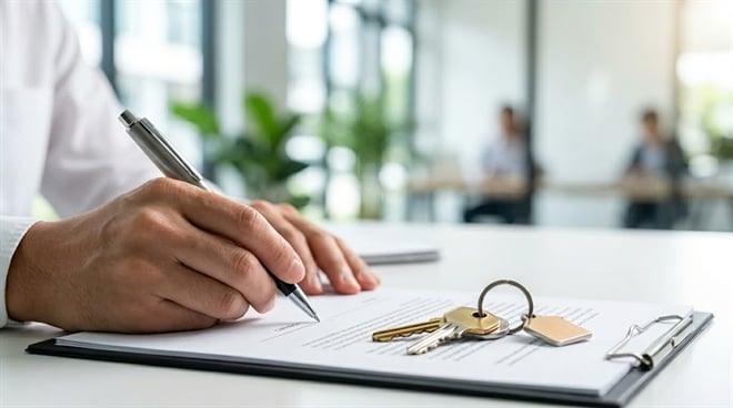 A person signs a document on a clipboard beside a set of keys, suggesting a real estate transaction.