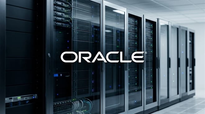Oracle logo overlaid on a row of server racks in a data center facility.