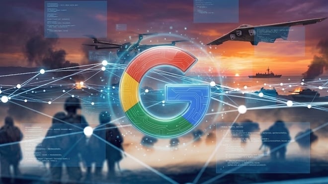 Google logo overlaid on an illustrated scene depicting military drones, warships, soldiers, and AI network graphics.