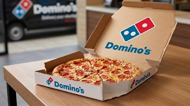 An open Domino's Pizza box containing a pepperoni pizza sits on a wooden table.