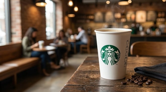 A Starbucks branded paper cup on a wooden table inside a coffee shop.