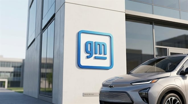 General Motors logo on the exterior wall of an imaginative depiction of the company's headquarters, with a Chevrolet electric vehicle in the foreground.