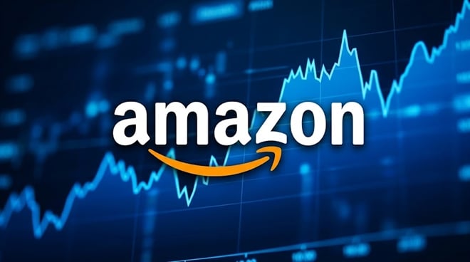 Amazon logo displayed in front of a blue stock market price chart background.