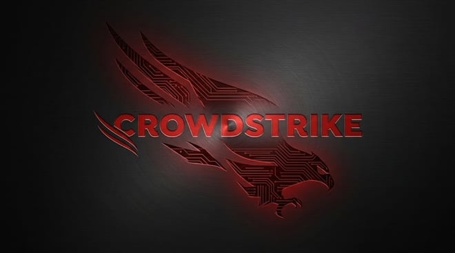 CrowdStrike logo featuring a red falcon graphic with circuit board details on a dark metallic background.