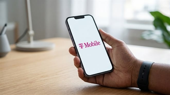 A hand holds a smartphone displaying the T-Mobile logo on a white screen.