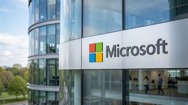 Microsoft corporate office building exterior displaying the company logo.