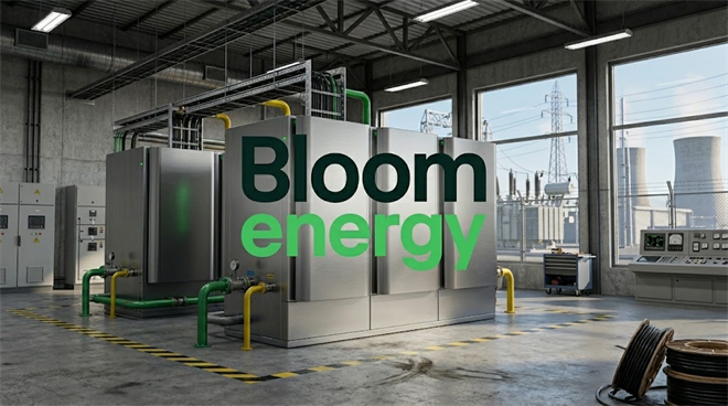 Bloom Energy logo overlaid on an industrial facility housing large fuel cell power units.
