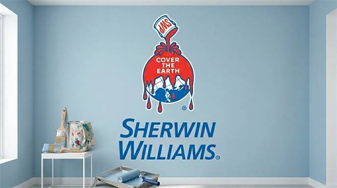 Sherwin-Williams logo displayed on a light blue wall alongside paint brushes and a roller tray.