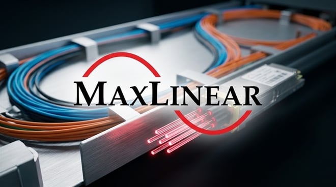 MaxLinear logo overlaid on a close-up of fiber optic cables and network wiring hardware.