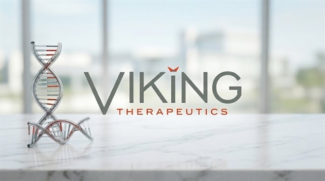 Viking Therapeutics logo displayed alongside a decorative DNA double helix model on a marble surface.