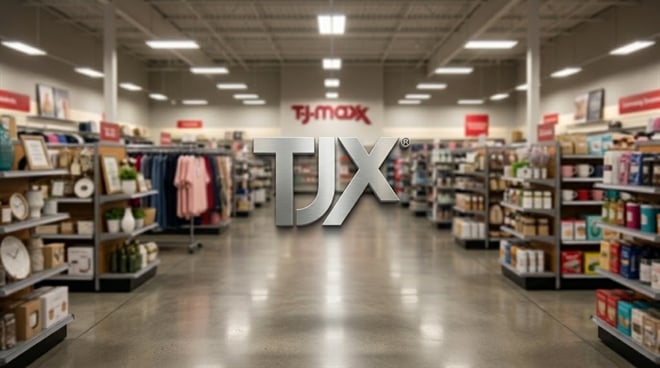 TJX Companies logo overlaid on the interior of a T.J. Maxx retail store with merchandise shelves.