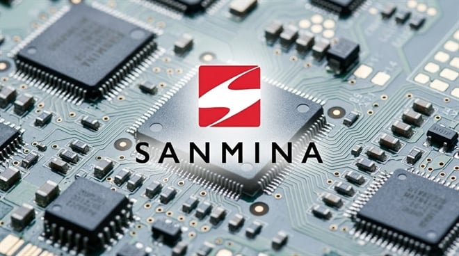 Sanmina Corporation logo overlaid on a close-up photograph of a printed circuit board with microchips.