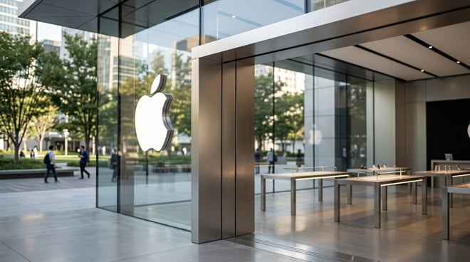 Exterior of an Apple retail store featuring the company logo on a glass facade.