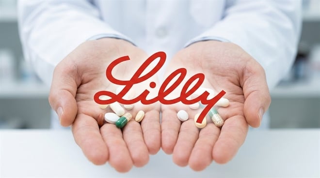 Eli Lilly logo overlaid on a person in a white coat holding assorted pills and capsules.