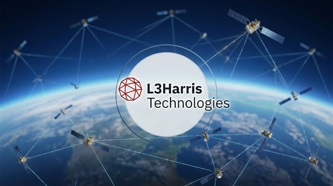 L3Harris Technologies logo overlaid on a rendered satellite network orbiting Earth.