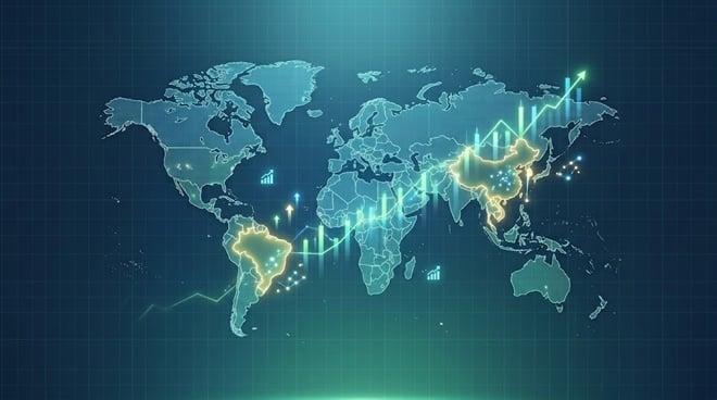 Digital world map overlaid with glowing green financial charts and upward-trending arrows highlighting global markets.