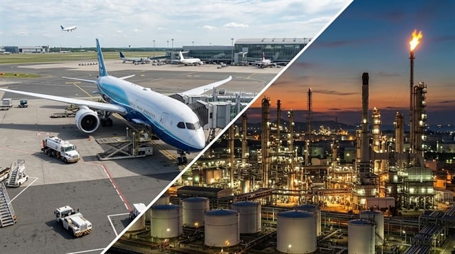 Split image showing a commercial aircraft at an airport terminal and an illuminated oil refinery at dusk.