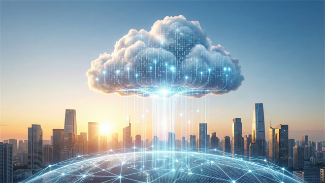 Conceptual illustration of a digital cloud connected to a city skyline by glowing data streams.