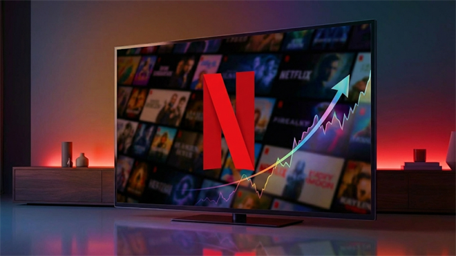 Netflix logo displayed on a flat-screen TV alongside an upward-trending stock price chart overlay.