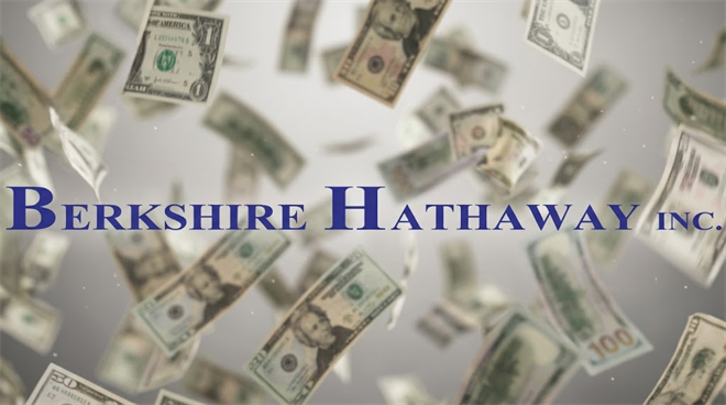 Berkshire Hathaway Inc. name displayed over a background of scattered U.S. currency bills.