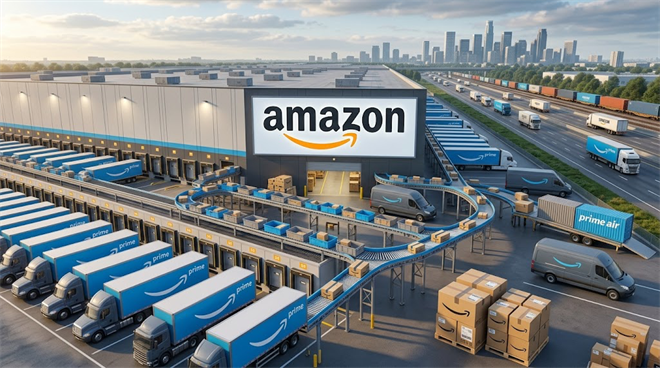 An Amazon fulfillment center with Prime-branded trucks, delivery vans, and a package conveyor system.
