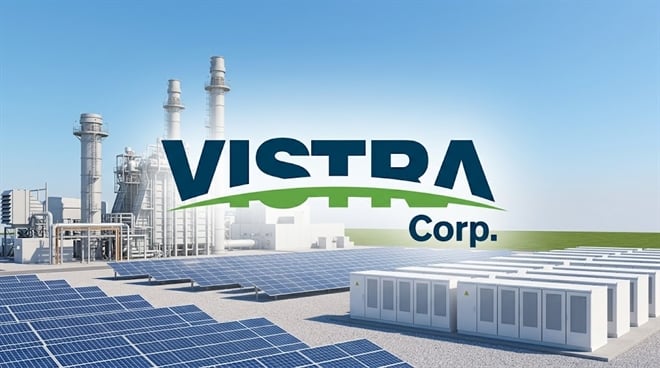 Vistra Corp. logo overlaid on a composite image showing solar panels, battery storage units, and a natural gas power plant.