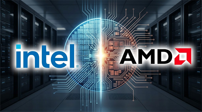 Intel and AMD logos displayed side by side against a stylized processor and data center background.