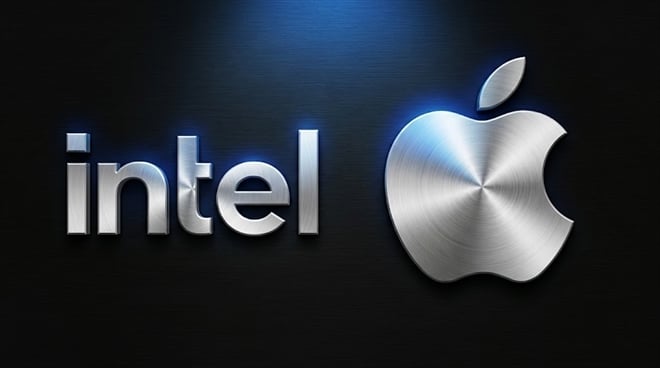 Intel and Apple logos displayed together against a dark metallic background.