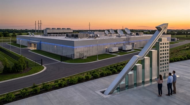 Professionals review data near a composite illustration of a rising arrow chart overlaid on a data center facility at dusk.