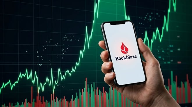 A hand holds a smartphone displaying the Backblaze logo against a green stock price chart background.