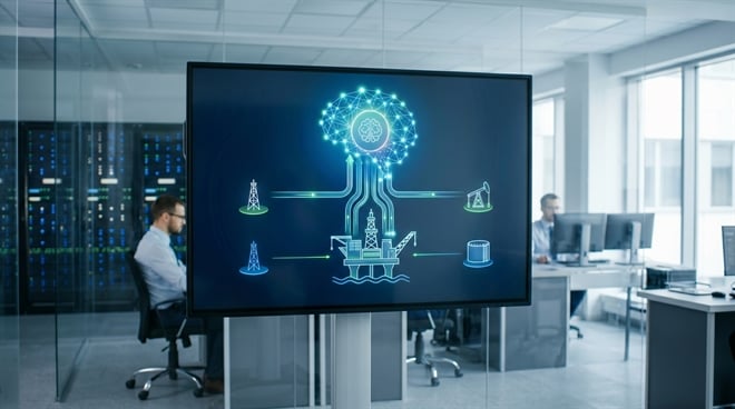 A display screen in a tech office shows an AI-connected oil and gas infrastructure diagram.