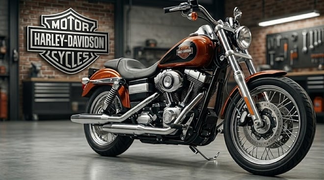 A Harley-Davidson motorcycle with chrome detailing is displayed in a garage alongside the company's logo.