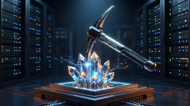 A stylized digital pickaxe strikes glowing crystals on a circuit board inside a server room.