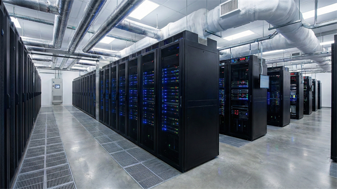 Rows of black server racks with blue indicator lights fill a commercial data center facility.