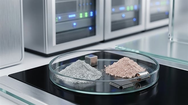 Two piles of rare earth mineral powder and small metal components displayed in a glass dish in a laboratory setting.