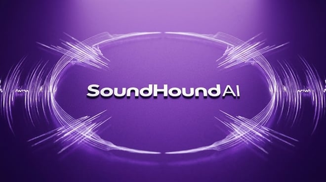 SoundHound AI logo displayed against a purple background with abstract audio waveform graphics.