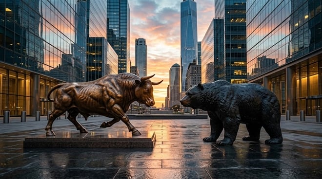 Bronze bull and bear statues face off in an urban financial district at sunset.