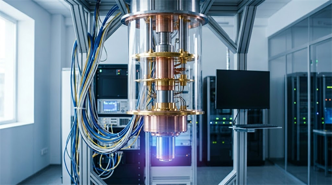 A gold and copper quantum computer suspended in a modern, high-tech research laboratory.