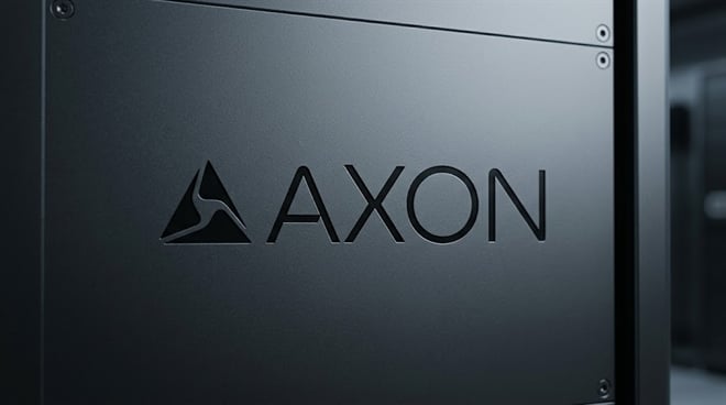 Axon Enterprise logo embossed on a dark metal panel in an industrial setting.