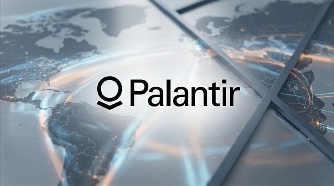Palantir Technologies logo displayed over a stylized global data network background.