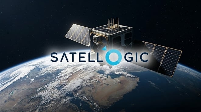 Satellogic logo overlaid on a rendered image of a small satellite orbiting Earth.