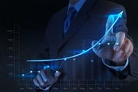 businessman hand touch 3d virtual stock growth chart to represent growth stocks