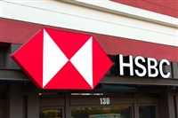 HSBC logo at a bank branch. HSBC Holdings plc is a British multinational investment bank and financial services holding company - Cupertino, California, USA - 2020