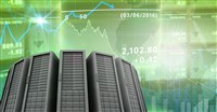 picture of computer servers on animated background showing stock charts