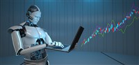 robot with laptop and candlestick chart in background