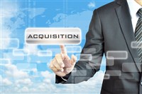 animation of businessman with hand touching the word acquisition