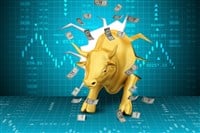 Rising golden business bull with graph stock analysts 