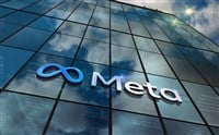 Menlo Park, USA, May 5, 2023: Meta corporation headquarters glass building concept. Metaverse facebook virtual reality network company symbol on front facade 3d illustration.