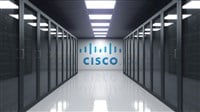 Cisco Systems logo on the wall of the server room. Editorial 3D